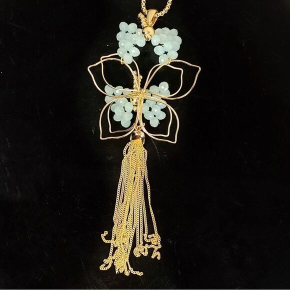 Carol Dauplaise 3D Wire Beaded Butterfly Statement Necklace Blue Gold - Picture 7 of 12